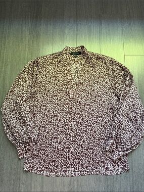Judith & Charles Cream Brown Leopard Print V-Neck Blouse Blouson Sleeve M